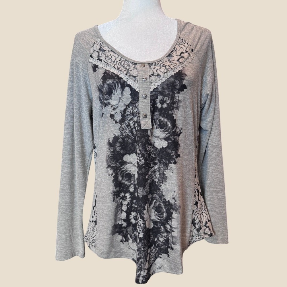 ONE WORLD Floral Lace Trim Henley Top L Grey Long Sleeve Mixed Media